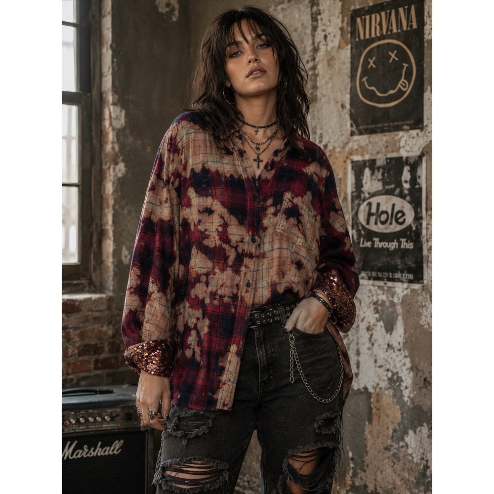 The Nu Vintage Bleach Dye Distressed Red Plaid Sequin Cuffs Western Grunge Large - Picture 2 of 10